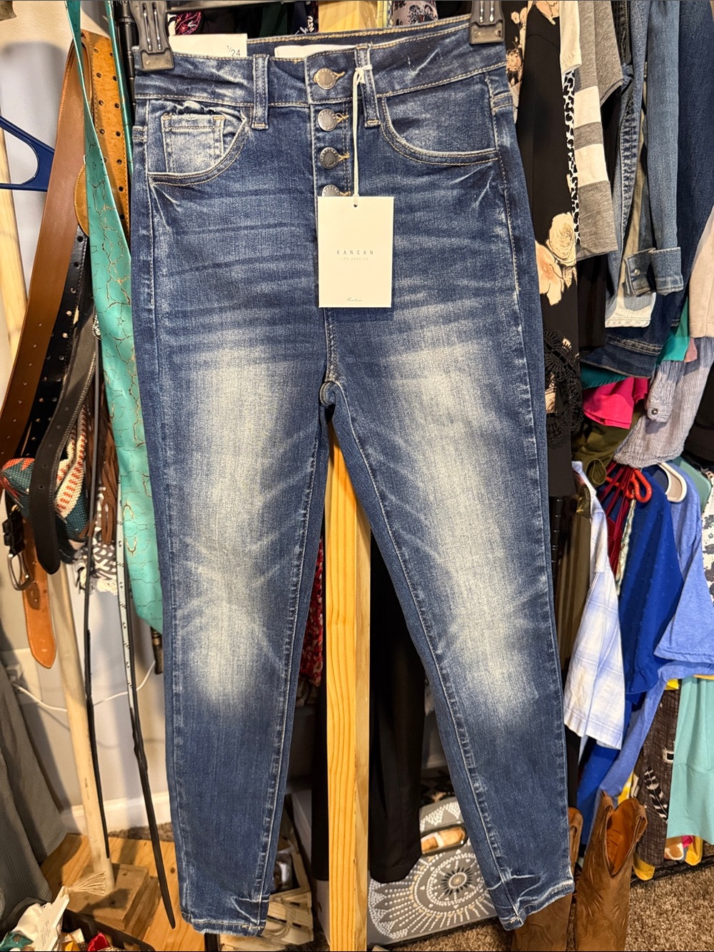 KanCan High-Rise Jeans in Distressed Dark Blue Wash